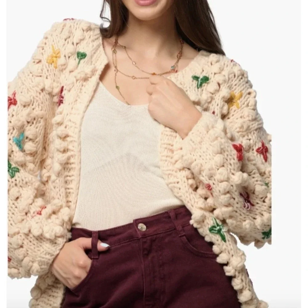 SAACHI Aria Anthropologie Popcorn Knit Cardigan Sweater S Chunky Rainbow Cottage